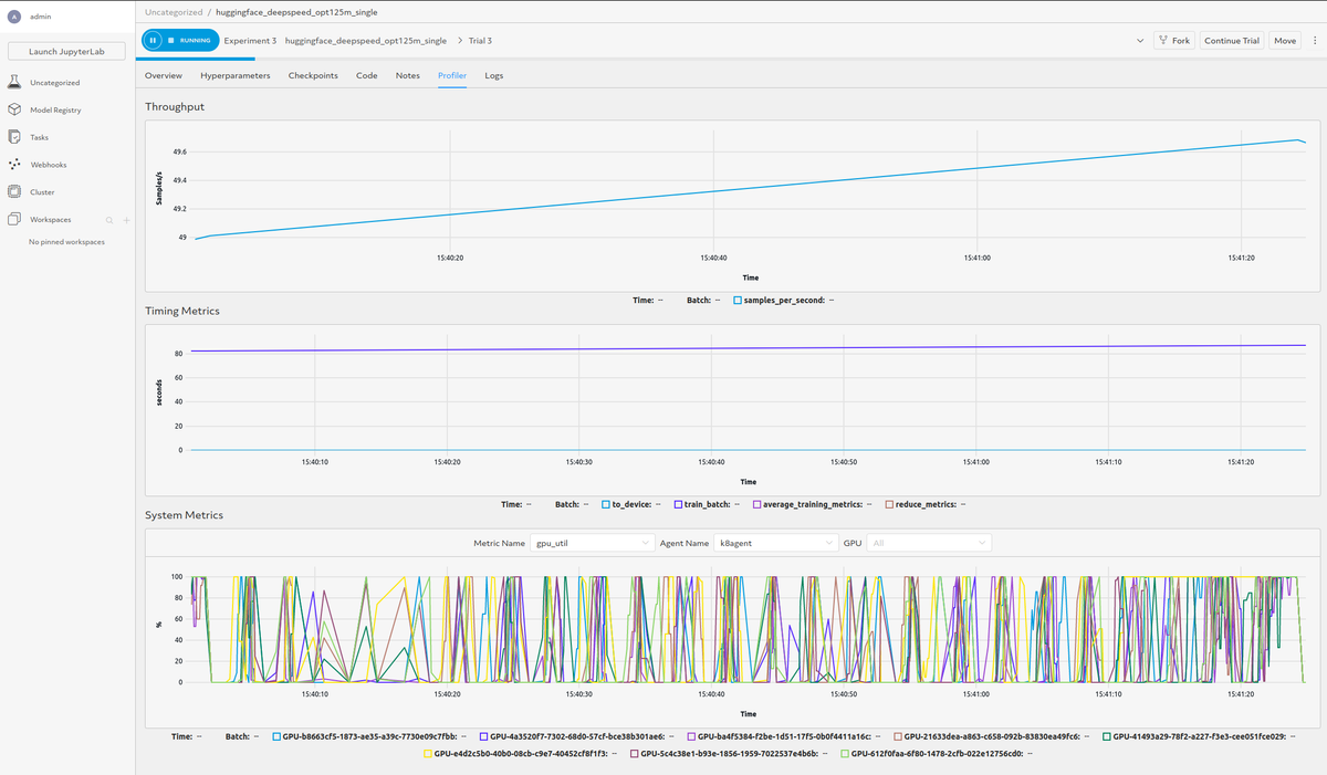 Profiler Tab for a Running Experiment in Determined's Web UI